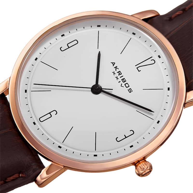 Akribos XXIV Women's Quartz Easy to Read Leather Rose-Tone Strap Watch