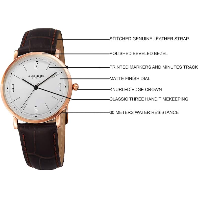Akribos XXIV Women's Quartz Easy to Read Leather Rose-Tone Strap Watch
