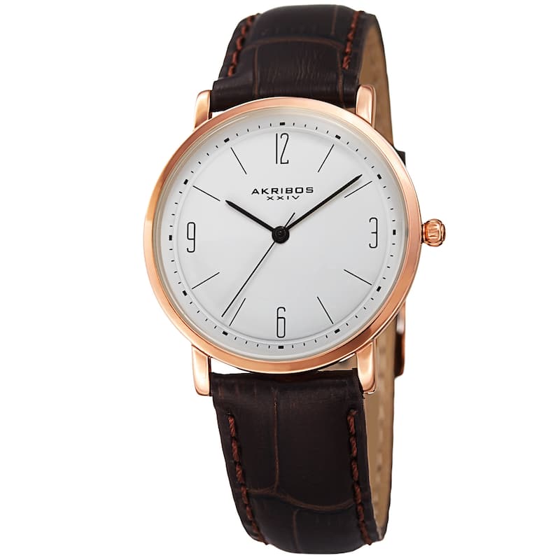 Akribos XXIV Women's Quartz Easy to Read Leather Rose-Tone Strap Watch