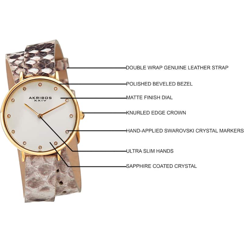 Akribos XXIV Women's Quartz Swarovski Crystal Double Wrap Leather Lizard Strap Watch