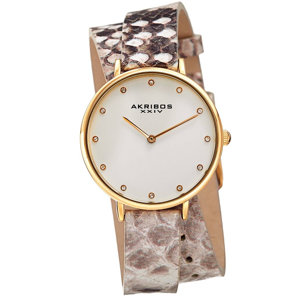 Akribos XXIV Women's Quartz Swarovski Crystal Double Wrap Leather Lizard Strap Watch
