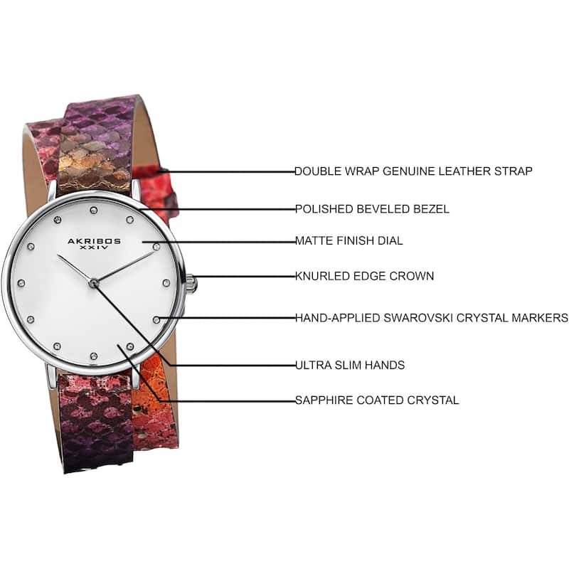 Akribos XXIV Women's Quartz Swarovski Crystal Double Wrap Leather Lizard Strap Watch