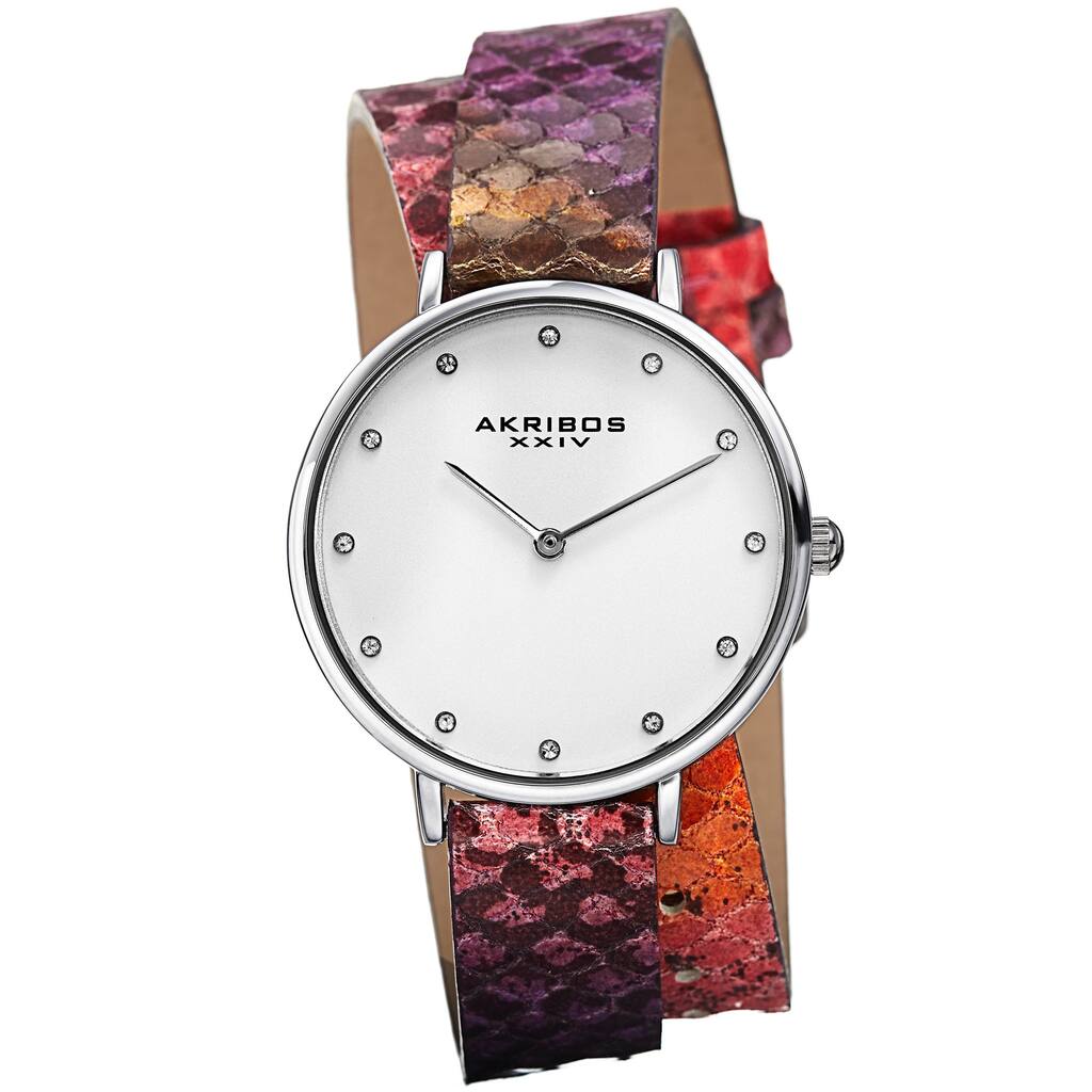 Akribos XXIV Women's Quartz Swarovski Crystal Double Wrap Leather Lizard Strap Watch
