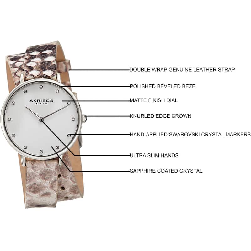 Akribos XXIV Women's Quartz Swarovski Crystal Double Wrap Leather Lizard Strap Watch