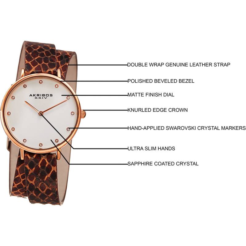 Akribos XXIV Women's Quartz Swarovski Crystal Double Wrap Leather Lizard Strap Watch