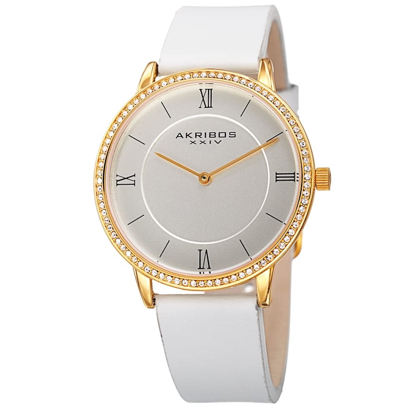 Akribos XXIV Women's Quartz Swarovski Crystal Leather White Strap Watch