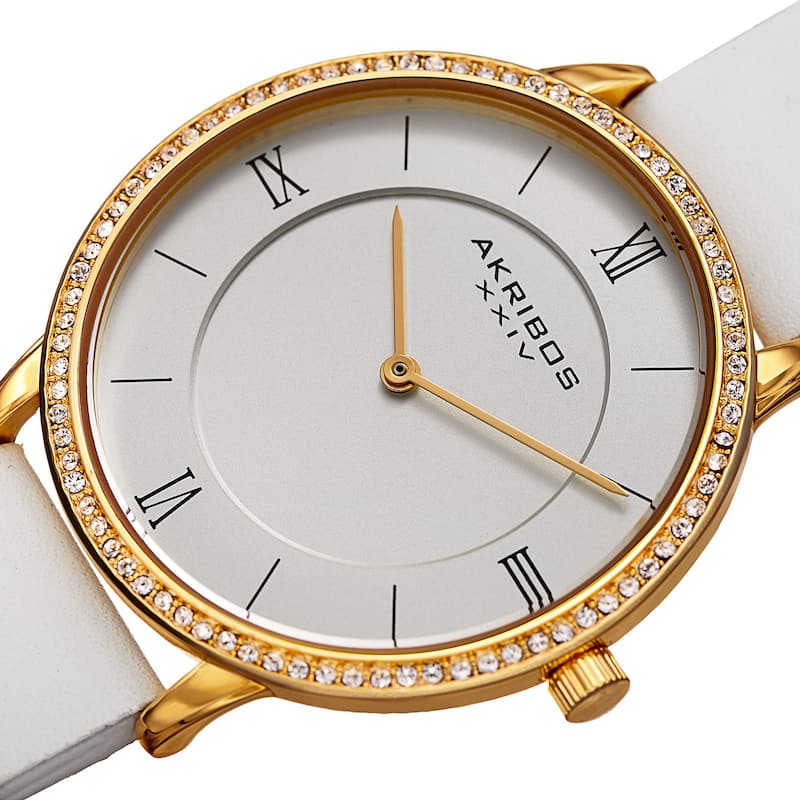 Akribos XXIV Women's Quartz Swarovski Crystal Leather White Strap Watch