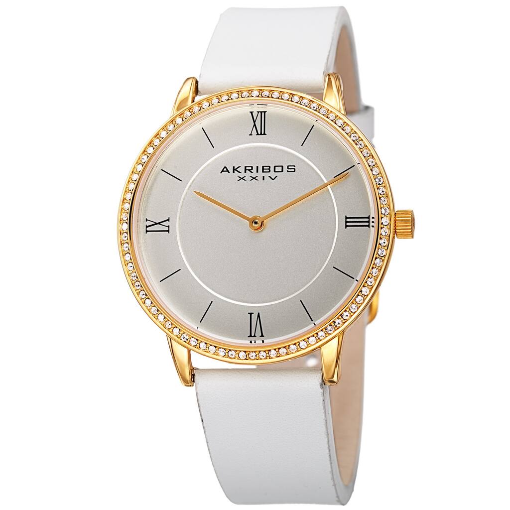Akribos XXIV Women's Quartz Swarovski Crystal Leather White Strap Watch