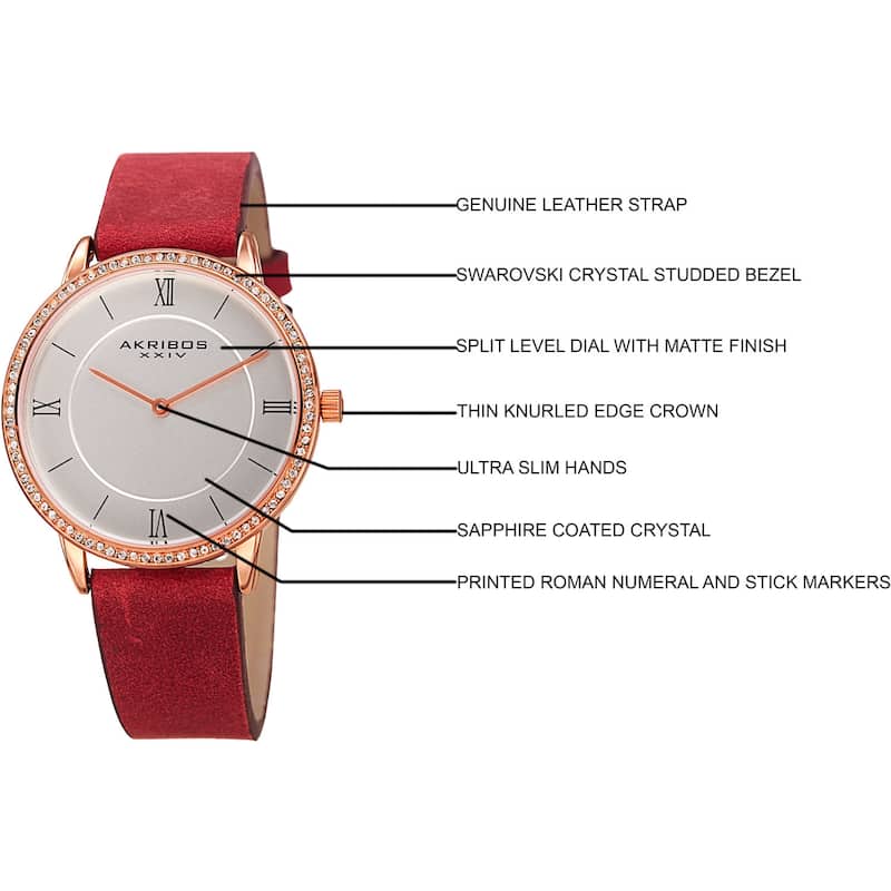 Akribos XXIV Women's Quartz Swarovski Crystal Leather Red Strap Watch