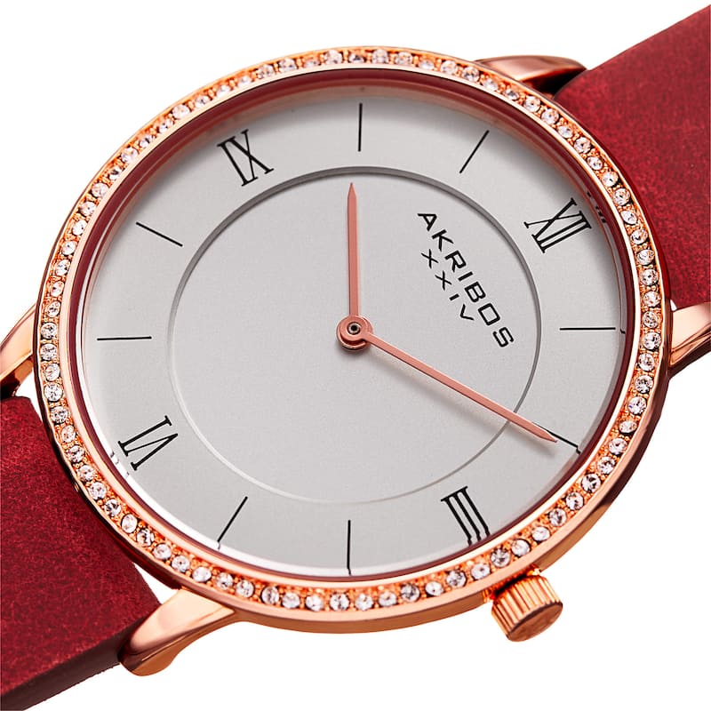 Akribos XXIV Women's Quartz Swarovski Crystal Leather Red Strap Watch