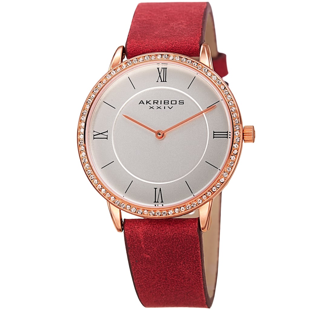 Akribos XXIV Women's Quartz Swarovski Crystal Leather Red Strap Watch