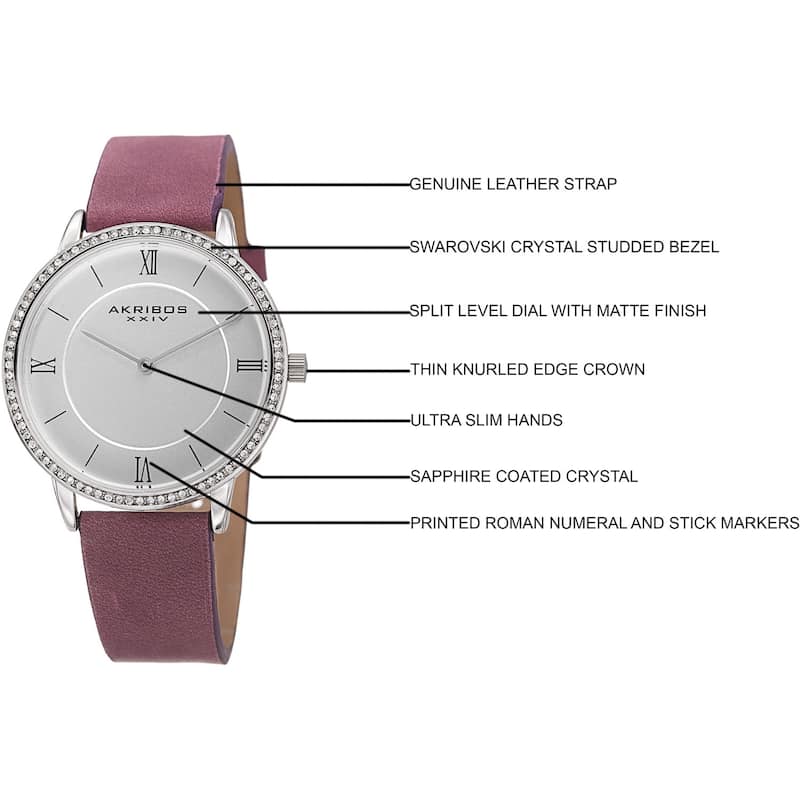 Akribos XXIV Women's Quartz Swarovski Crystal Leather Purple Strap Watch