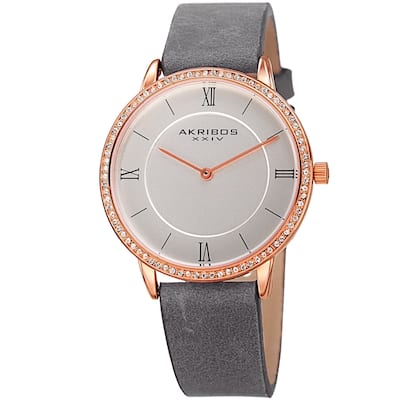 Akribos XXIV Women's Quartz Swarovski Crystal Leather Gray Strap Watch