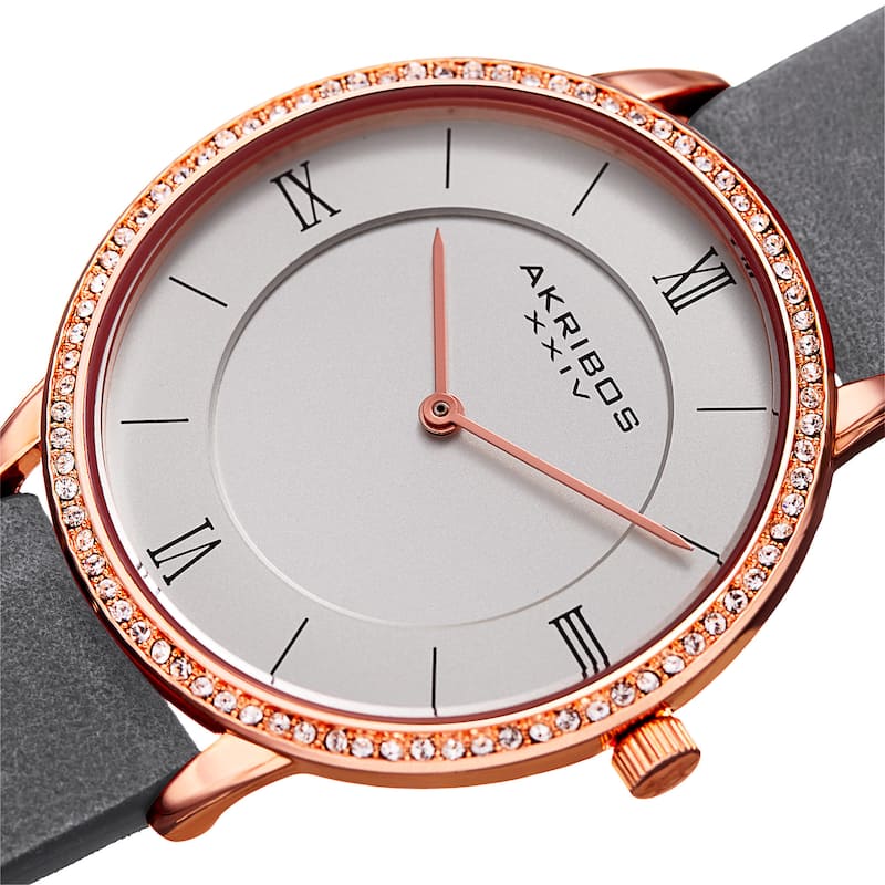 Akribos XXIV Women's Quartz Swarovski Crystal Leather Gray Strap Watch