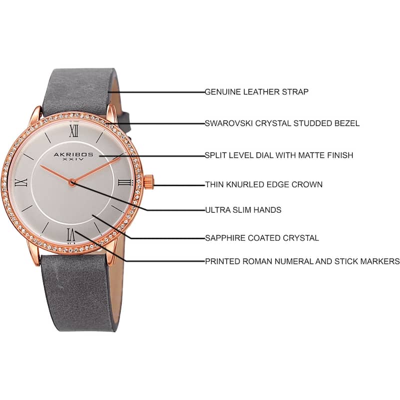 Akribos XXIV Women's Quartz Swarovski Crystal Leather Gray Strap Watch