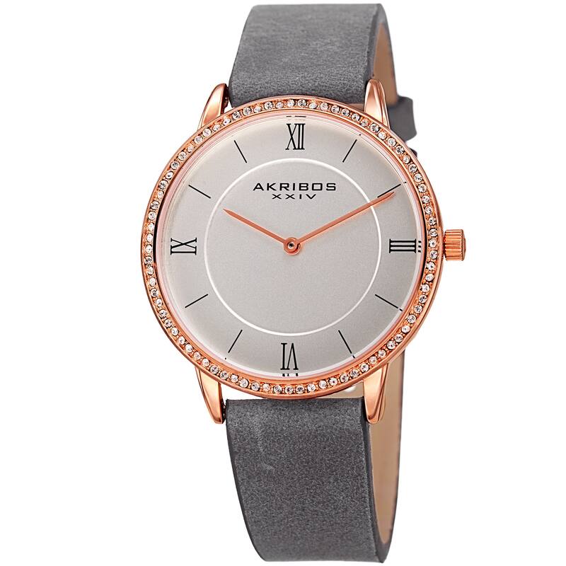 Akribos XXIV Women's Quartz Swarovski Crystal Leather Gray Strap Watch
