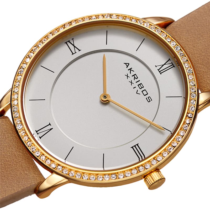 Akribos XXIV Women's Quartz Swarovski Crystal Leather Brown Strap Watch
