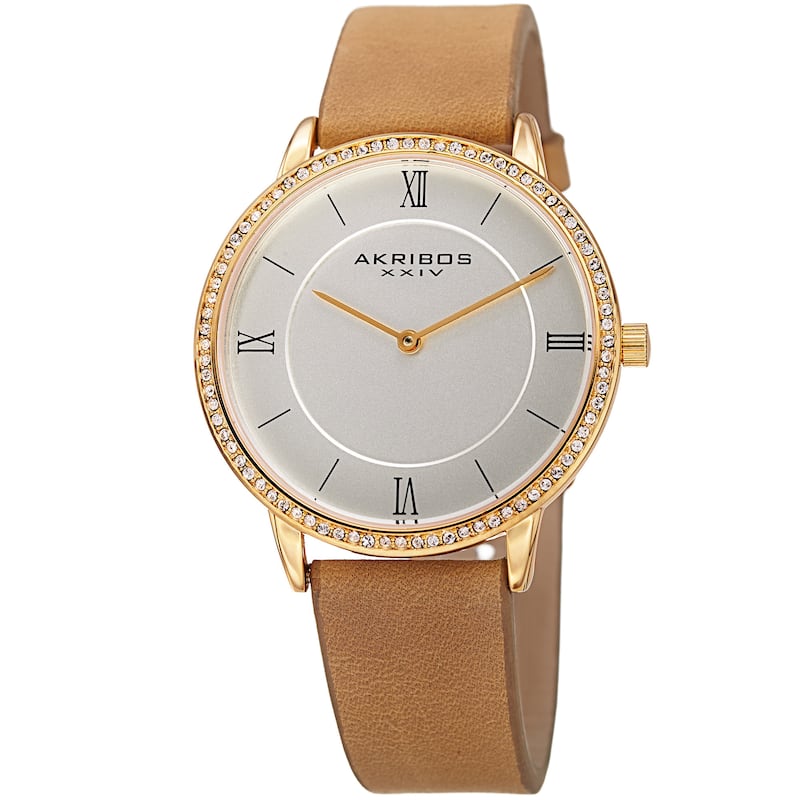 Akribos XXIV Women's Quartz Swarovski Crystal Leather Brown Strap Watch