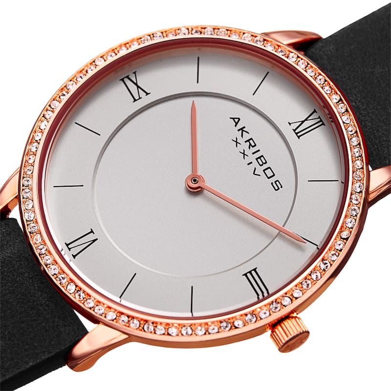 Akribos XXIV Women's Quartz Swarovski Crystal Leather Black Strap Watch
