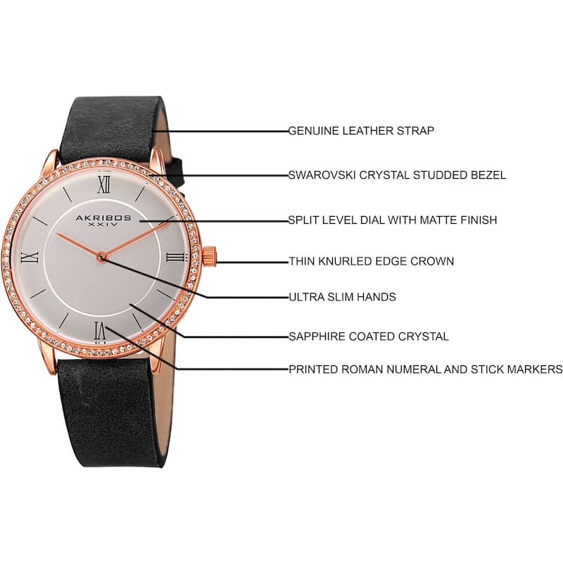 Akribos XXIV Women's Quartz Swarovski Crystal Leather Black Strap Watch