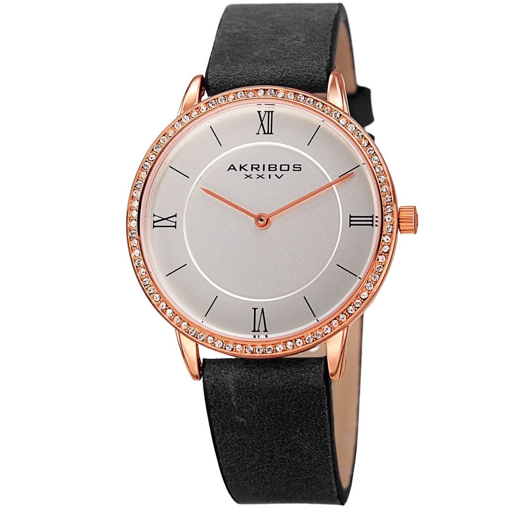 Akribos XXIV Women's Quartz Swarovski Crystal Leather Black Strap Watch