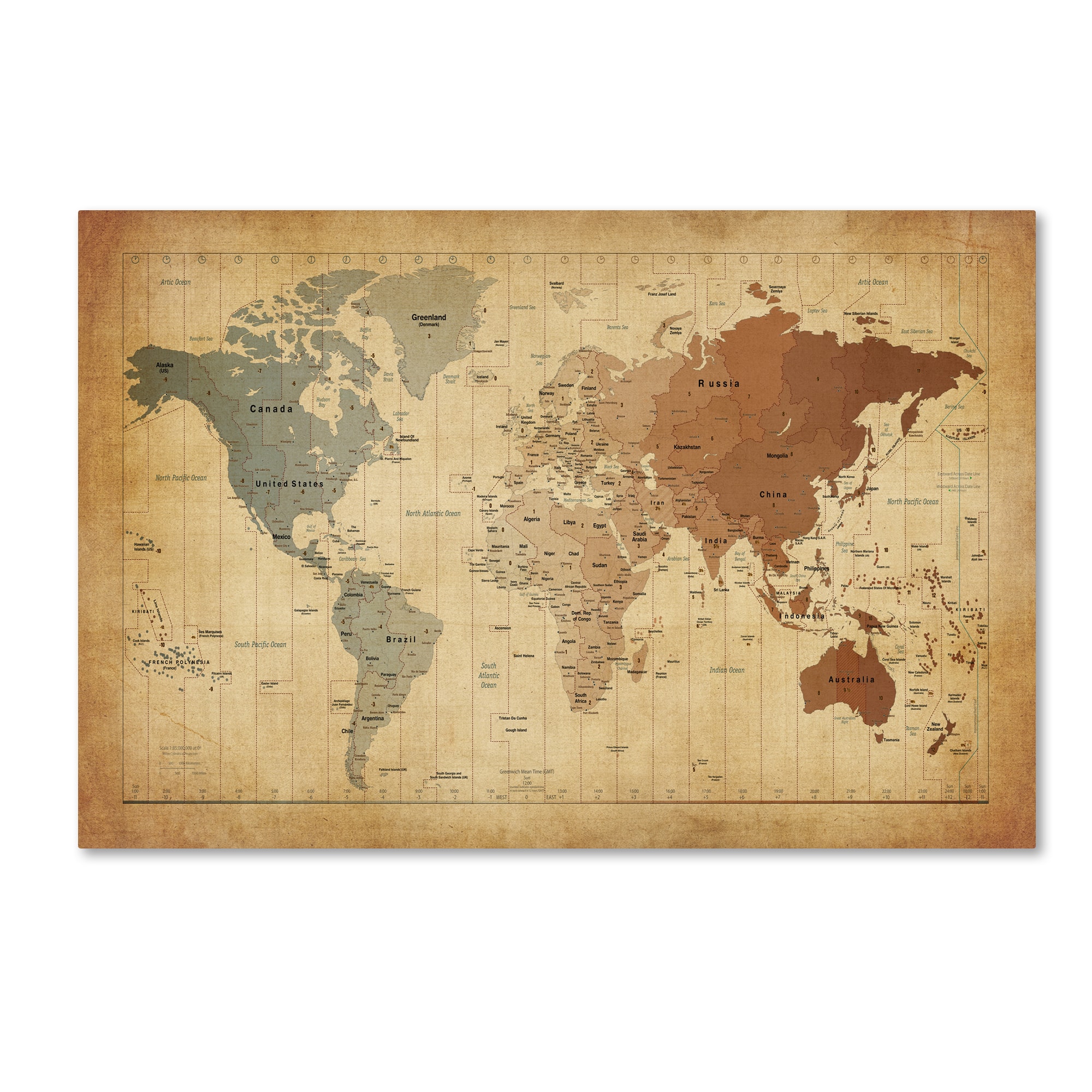 Michael Tompsett 'Time Zones Map of the World' Canvas Wall Art - On ...