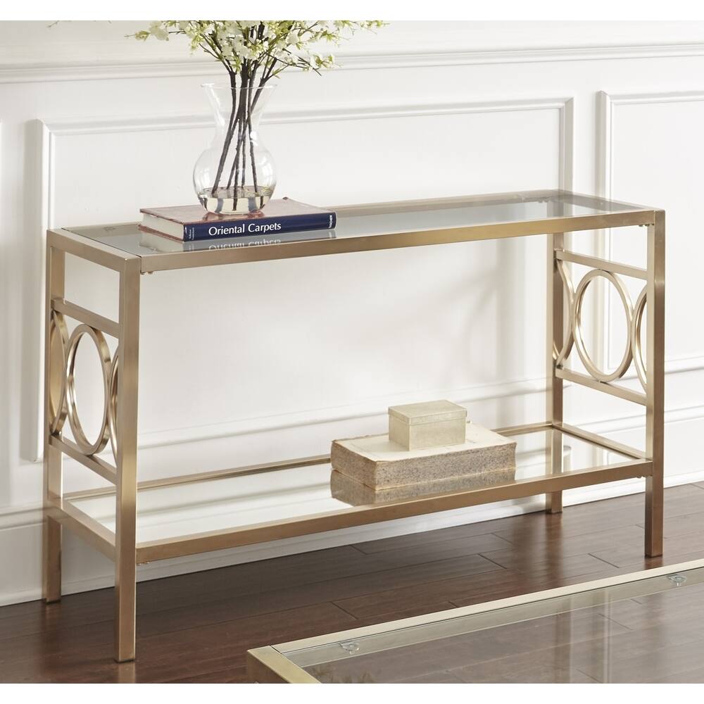 Oria Modern Tempered Glass and Gold Metal Sofa Table by Greyson Living On Sale Bed Bath
