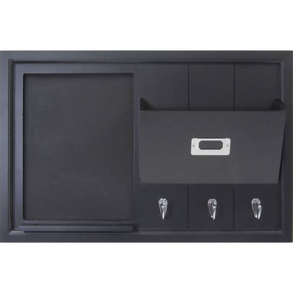 slide 2 of 4, Black Wood Wall Organization Pocket Board With Chalkboard and Key Hooks