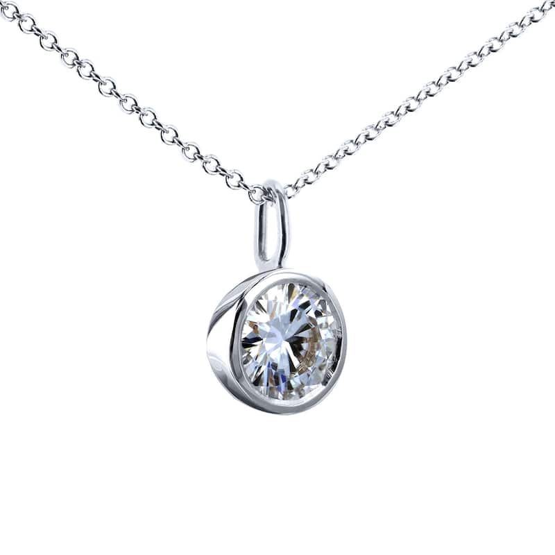Annello by Kobelli 14k White Gold 1 Carat Round Brilliant Moissanite Solitaire Bezel Pendant and Chain