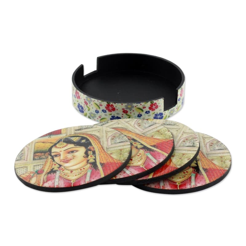 NOVICA Artisan Handblown Wood Coasters Holders Multicolor Tableware Barware Cultural 'Mughal Muse' (set of 4) - 0.2" H x 4.1" D