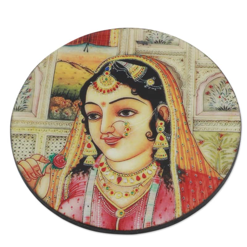 NOVICA Artisan Handblown Wood Coasters Holders Multicolor Tableware Barware Cultural 'Mughal Muse' (set of 4) - 0.2" H x 4.1" D
