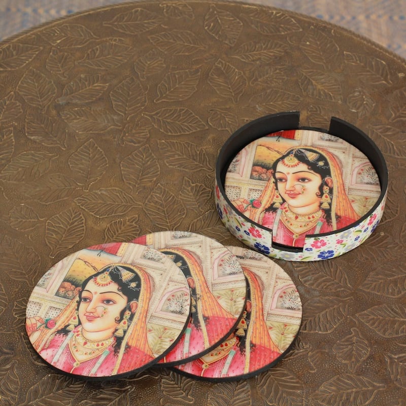 NOVICA Artisan Handblown Wood Coasters Holders Multicolor Tableware Barware Cultural 'Mughal Muse' (set of 4) - 0.2" H x 4.1" D