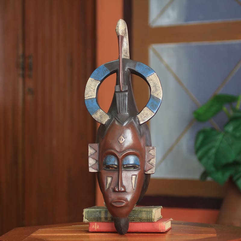 Handmade Sese Wood 'Ivoirian Flamingo Guardian' Mask (Ghana) - Blue/Brown