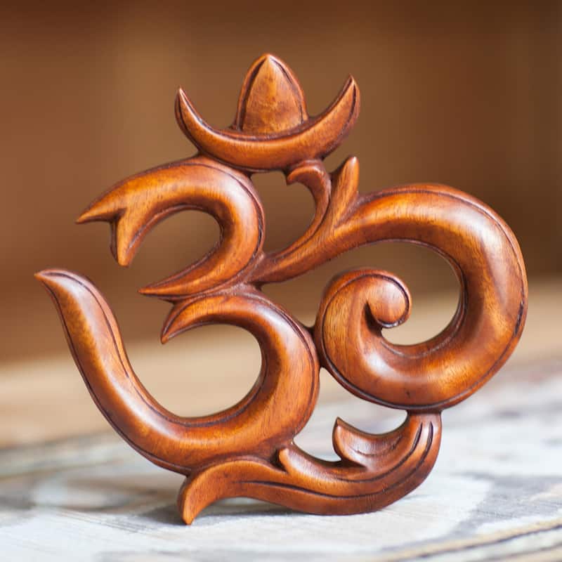 NOVICA Handmade 'Sacred Om Suar' Wood Relief Panel - 20 cm H x 21 cm W x 2.2 cm D