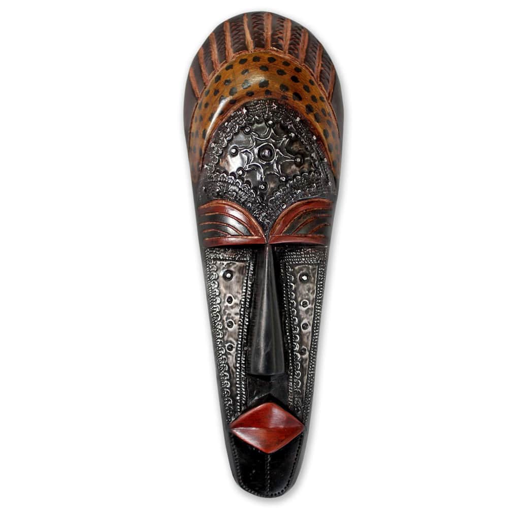 Handmade Sese Wood 'Queen Aura Poka' Mask (Ghana) - black/yellow