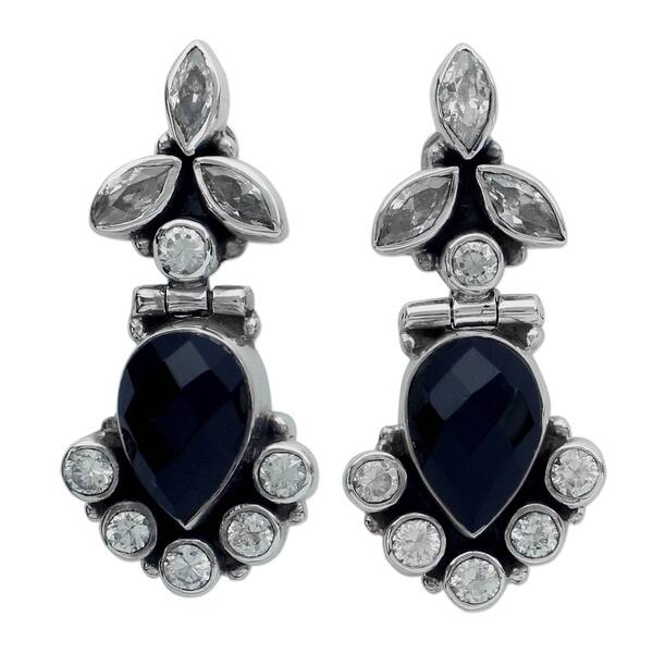 slide 6 of 9, Handmade Sterling Silver 'Midnight Dewdrops' Onyx Quartz Earrings (India) - 1.4*0.6 Silver - 1.4*0.6 - Blue - White