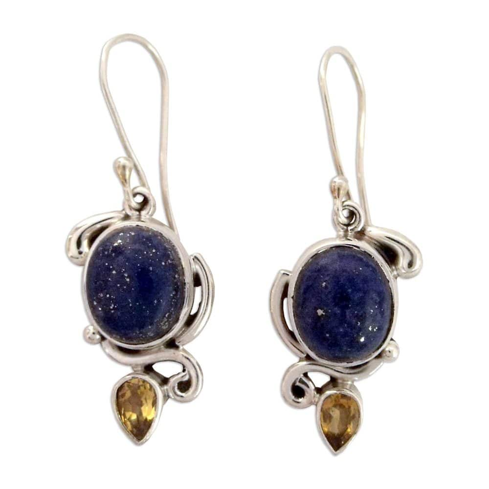 NOVICA Handmade Sterling Silver 'Royal Charm' Lapis Citrine Earrings (India) - 1.6*0.6