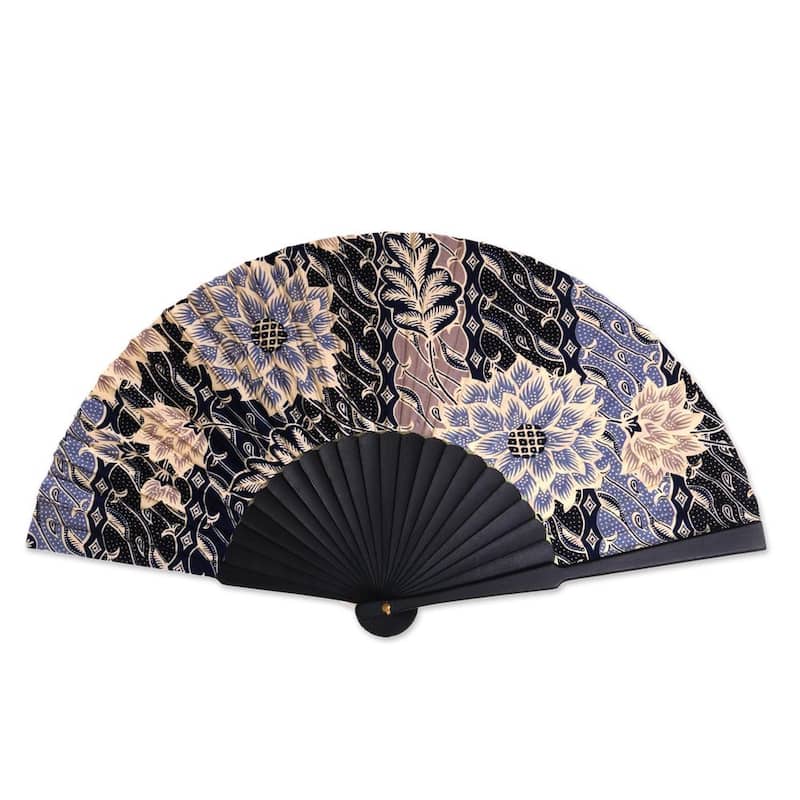 Handmade Silk Batik 'Blue Poppies' Fan (Indonesia)