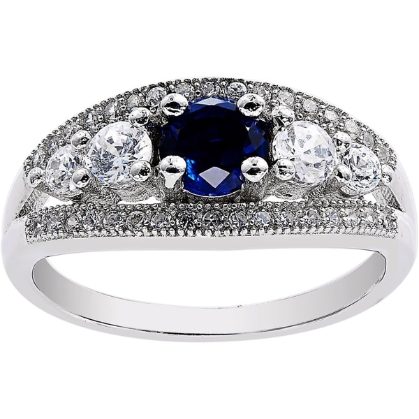 Sterling Silver Simulated Sapphire Cubic Zirconia 5 Stones Ring