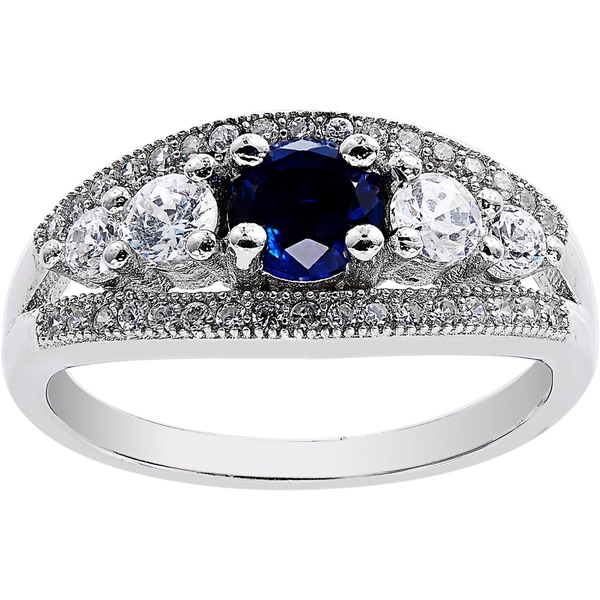 Sterling Silver Simulated Sapphire Cubic Zirconia 5 Stones Ring. Opens flyout.