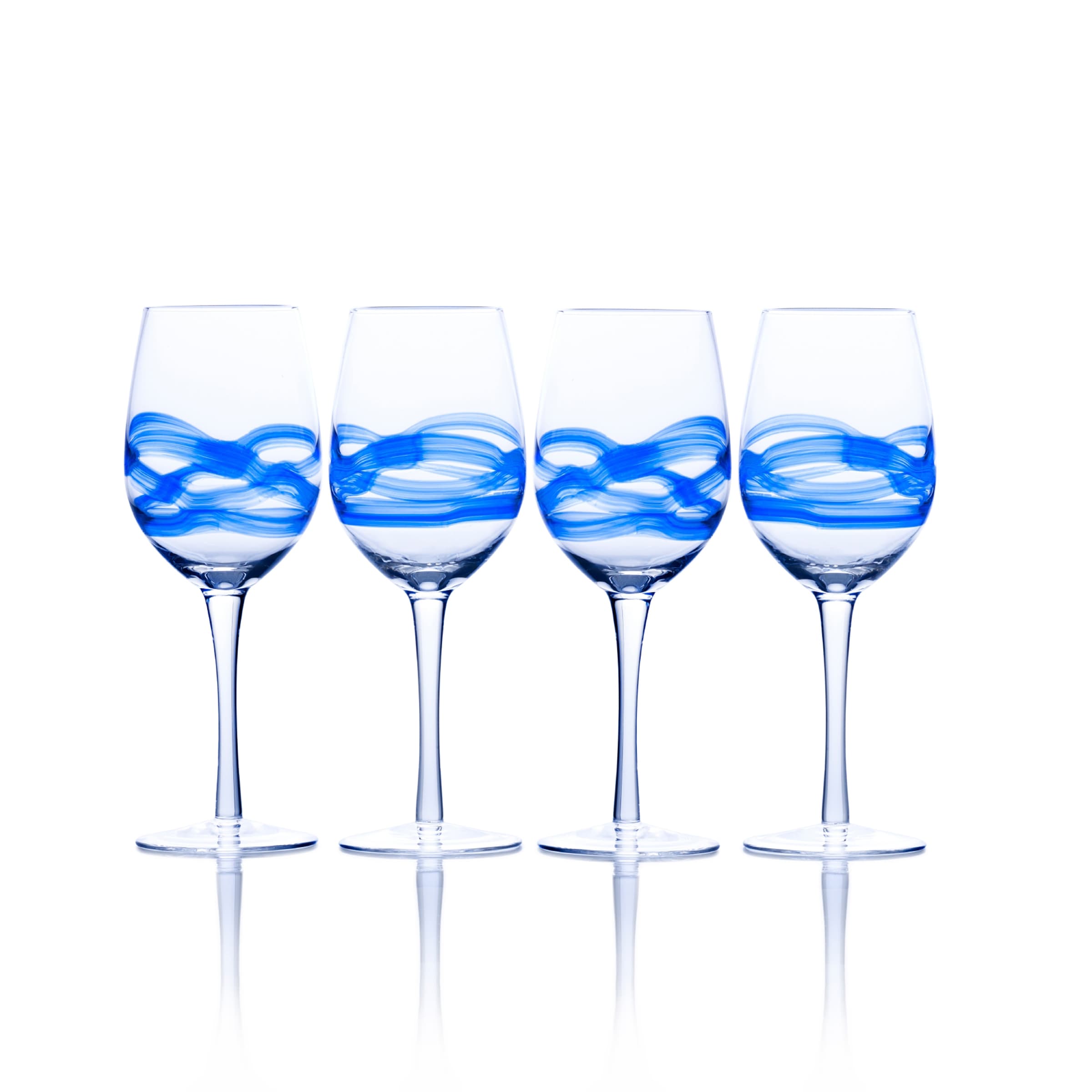Set of Four Wine Glasses Cobalt Blue Blown Glass 18.5 oz Clear 4” Stem 