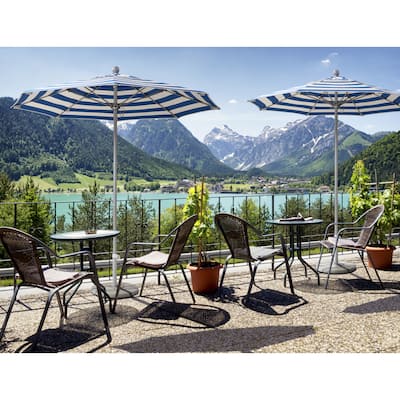 California Umbrella 9' Rd. Aluminum Frame, Fiberglass Rib Market Umbrella, Push Open,Anodized Silver Finish, Olefin Fabric