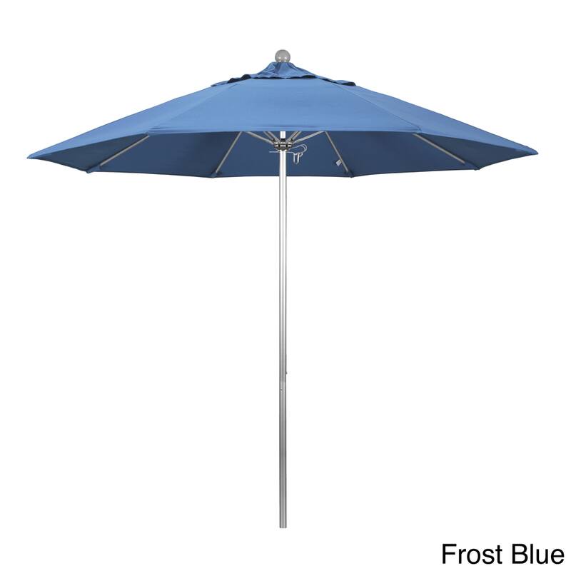 California Umbrella 9' Rd. Aluminum Frame, Fiberglass Rib Market Umbrella, Push Open,Anodized Silver Finish, Olefin Fabric - Frost Blue