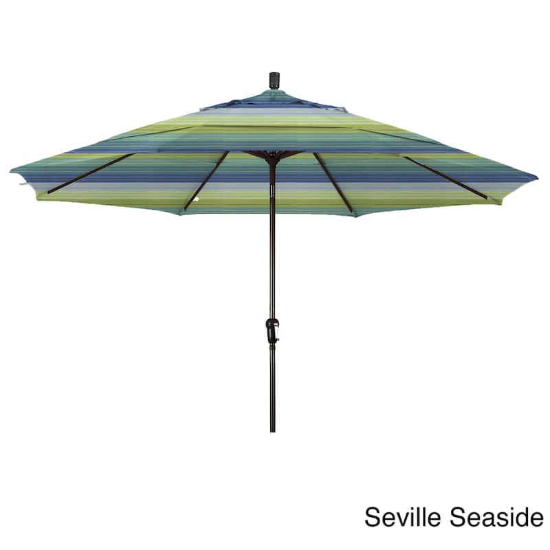 California Umbrella 11' Round Aluminum Crank Open Auto Tlit Patio Umbrella, Bronze Finish, Double Wind Vent, Sunbrella Fabric - Seville Seaside