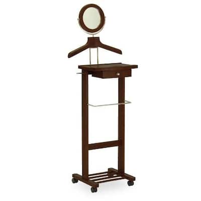 94155-WW Wood Valet Stand With Mirror, Drawer, Tie Hook, and Casters