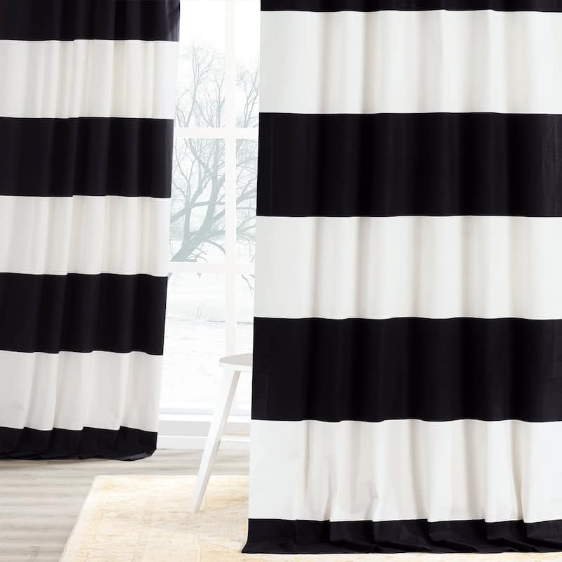 Exclusive Fabrics Metro Contemporary Cabana Cotton Horizontal Stripe 84-inch Curtain (1 Panel) - 50 X 84 - onyx black & offwhite