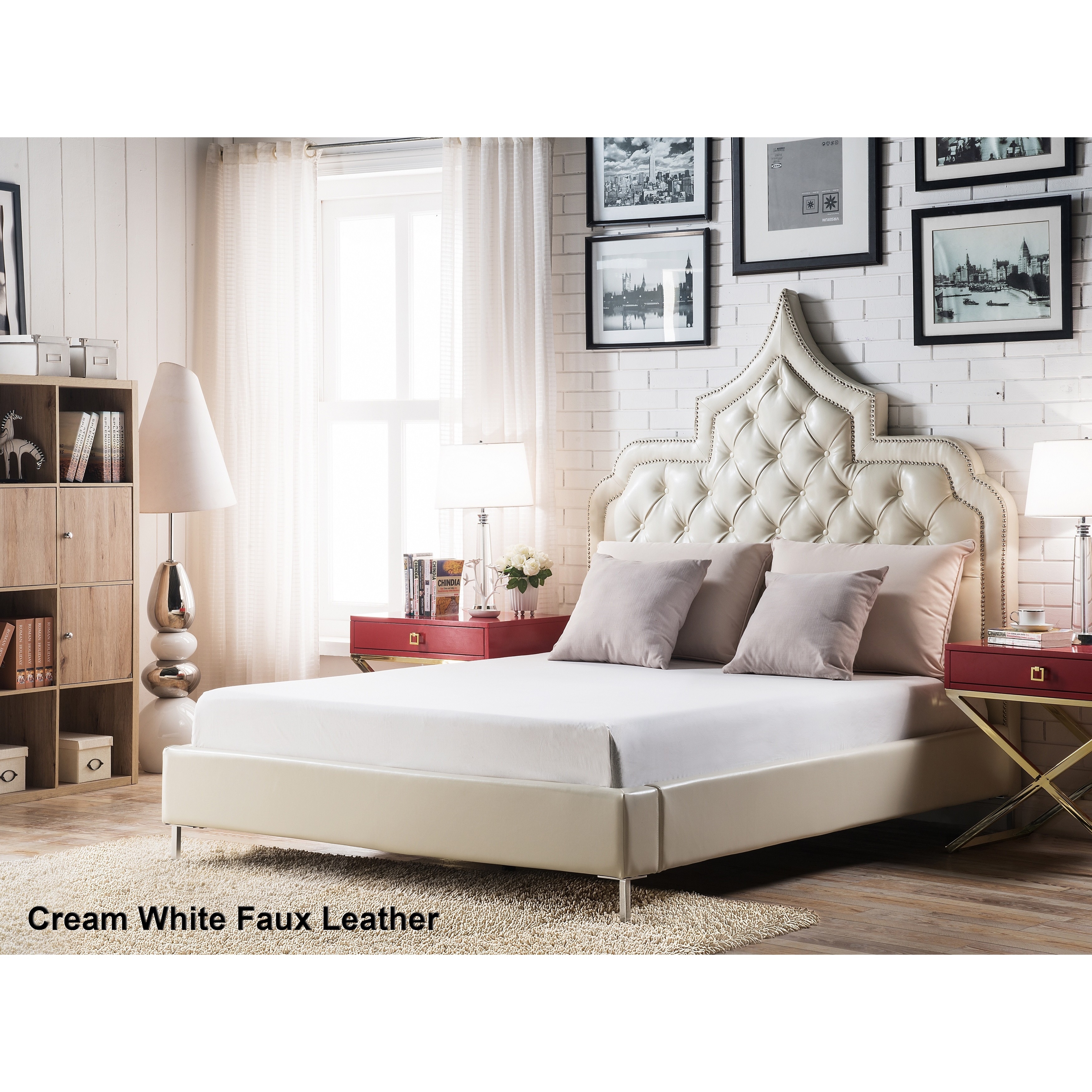 PRI Nailhead Upholstered King Bed in Cream White