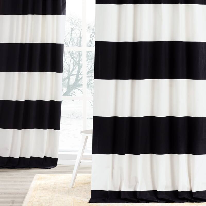 Exclusive Fabrics Metro Contemporary Cabana Cotton Horizontal Stripe 120-inch Curtain (1 Panel) - 50 X 120 - onyx black & offwhite