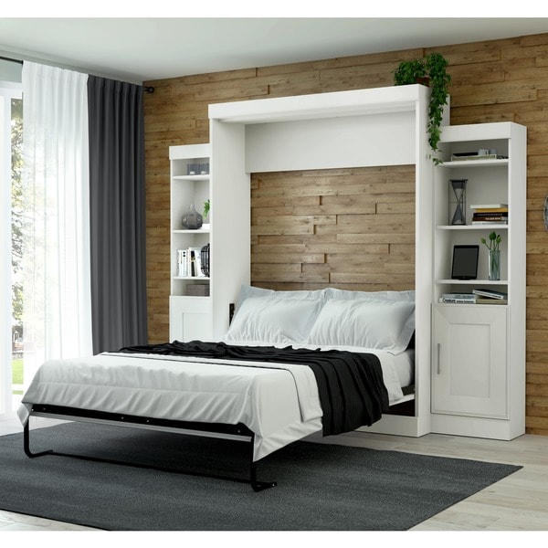 queen bed with wall unit