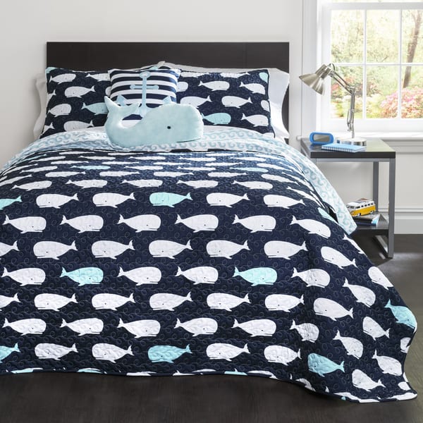 slide 2 of 9, Taylor & Olive Lums Whale Print 5-piece Quilt Set Blue/White - Full - Queen